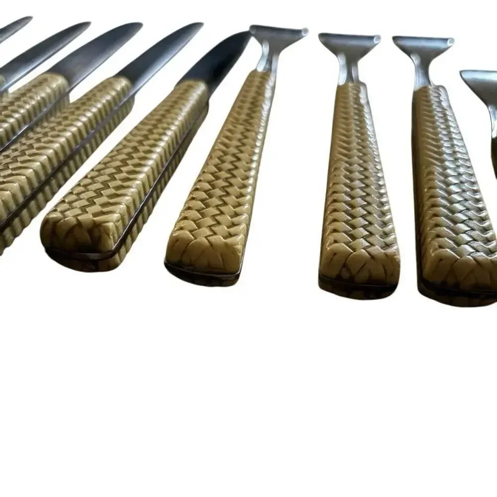 Faux Weaved Bamboo Flatware Lot Of 14